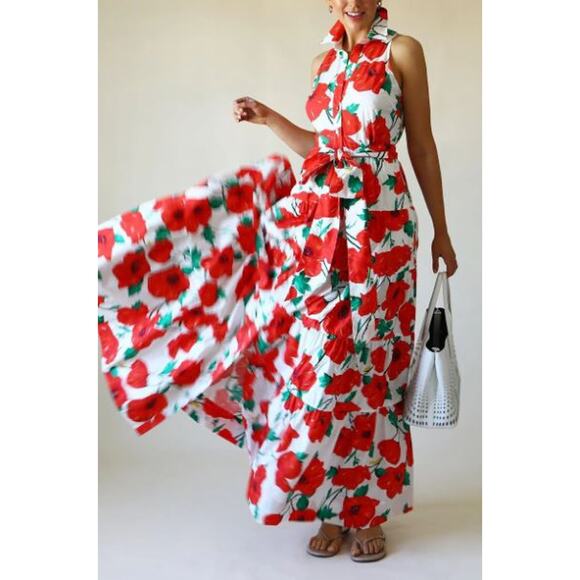 Cara Cara Adriana Floral Button Front Tie Waist Maxi Dress Pop/Tom Womens Size 2 - Picture 1 of 5
